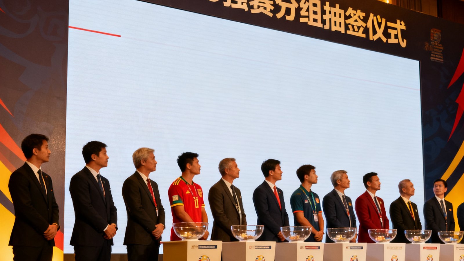 2025年亚洲区18强赛分组抽签仪式现场，各队代表在台上注视抽签屏幕